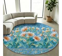 Générique Tapis Rond à Poil Court 120 cm Champêtre Paillasson d'Intérieur | Plantes Fleurs Feuillage Tapis de Sol Antidérapant pour Salon, Salle à Manger, Chambre à Coucher - Bleu