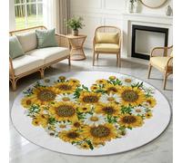 Générique Tapis Rond Antidérapant 60cm Tournesol Marguerite Cœur | Aquarelle Romantique, Lavable, Résistant aux Taches, Moquette Douce pour Chambre à coucher, chambre d'enfant et salle de bain