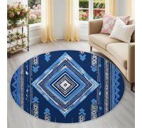 Générique Tapis Rond Bleu 80 cm, Tapis Salon Bohème Ethnique Lavable | Tapis Doux Poil Ras avec Carrés Lignes Totem, Dessous Antidérapant idéal pour chambre et décoration intérieure