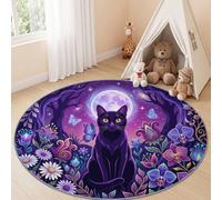 Générique Tapis Rond de Animal Fantaisie 90 cm pour Chambre d'enfant Salon | Violet Chat Noir Papillon Étoile Tapis Rond de Sol Décoration, Moquette Doux Antidérapant pour Chambre Garçons Filles et Ado