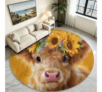 Générique Tapis Rond Dessin animé Salon Tapis Poil Bas DouxJaune 180 cm | Animal Vache, Antidérapant, Lavable en Machine, Ne Peluche Pas, Tapis en Laine Artificielle Résistant