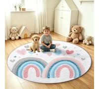 Générique Tapis Rond d'Intérieur Cartoon Bohème 180 cm, Durable et Facile à Nettoyer, Idéal pour Salon, Cuisine ou Salle à Manger - Blanc Cœur Arc en Ciel