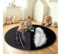 Générique Tapis Rond Lavable Salon, Plume Noir Blanc Pile Courte Douce Tapis de Sol Antidérapant pour Salon Chambre Cuisine Balcon Terrasse Salle à Manger Intérieur - 60 cm, Minimaliste Moderne