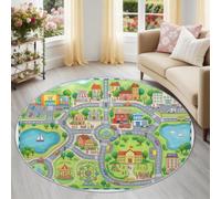 Générique Tapis Rond Salon 180 cm - Tapis Imprimé Dessin Animé Éducatif | Lavable Machine Moquette Antidérapante Poil Bas Doux, Plan De Ville Routes Voitures Tapis pour Salon Chambre, Vert