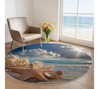 Générique Tapis Rond Salon 60 cm Lavable en Machine, Antidérapant Poil Ras Doux, Motif Plage CôTièRe Aux éToiles De Mer Tapis pour Chambre Cuisine Couloir Balcon Intérieur & Extérieur Bleu