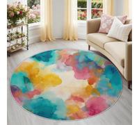 Générique Tapis Rond Salon 80 cm - Tapis Imprimé Aquarelle Abstraite | Lavable Machine Moquette Antidérapante Poil Bas Doux, Taches D'Encre Blocs De Couleur Lignes Tapis pour Chambre, Multicolore