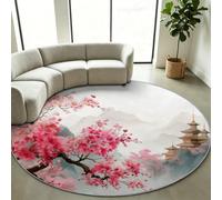 Générique Tapis Rond Salon Traditionnel Japonais, Cerisier Blanc 180 cm | Tapis Antidérapant Poil Court Doux Lavable en Machine, Architecture Cerisiers, Décoration Salon Entrée et Chambre