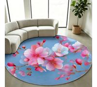 Générique Tapis Rond Salon Traditionnel Rétro, Cerisier Fleuri Bleu 90 cm | Tapis Poil Ras Antidérapant Lavable en Machine, Motif Floral Japonais Doux, Décoration Salon Chambre Salle de Séjour