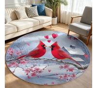 Générique Tapis Rond Style Campagne Lavable pour Salon 150 cm Blanc | Poils Courts et dos Antidérapant, Animal Oiseau Fleur de Cerisier Chambre, Cuisine et Bureau, Facile à Entretenir
