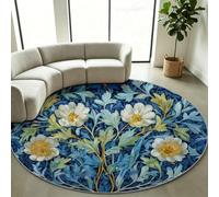 Générique Tapis Rond Vintage 140 cm Enfant Paillasson Lavable Antidérapant | Fleurs Plantes Imprimé Bleu Tapis d'entrée Intérieur, Doux Poils Courts, Pour Chambre, Salle de Jeux