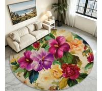 Générique Tapis Rond Vintage Botanique Salon, Poil Ras Antidérapant 150 cm | Fleurs Botaniques Vintage Fond Beige, Doux sans Peluche et Résistant, Lavable en Machine, Idéal Déco Chambre et Salon