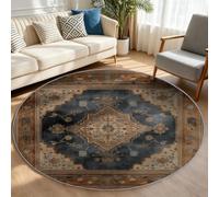 Générique Tapis Rond Vintage Effet Vieilli Lavable pour Salon 100 cm Marron | Poils Courts et dos Antidérapant, Texture laine Chambre, Cuisine et Bureau, Facile à Entretenir