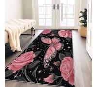 Générique Tapis Salon Lavable Luxe Romantique Fleurs Animal Papillon, Doux Antidérapant Tapis de Passage Couloir, Cuisine, Entrée, Adulte Enfant Chambre, Descente de Lit Decoration 80 x 180 cm, Noir