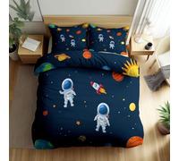 Générique Univers De Dessin Animé Astronaute Planètes Housse de Couette Bleu Foncé 140 x 200 cm, Parure de Lit Adulte 2 Personnes en Microfibre Housse de Couette avec 2 Taies d'oreiller 65x65 cm
