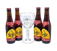 Générique Verre à Bière Leffe Ruby 33cl Officiel + 4 Bouteilles, Verre pour degustation ou collectioneur