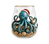 Générique Verre Noël 3D Sans Pied Motif Marin Côte Festif | Verre sans pied 3D avec motifs marins en relief - hippocampe, pieuvre & phare. Bord doré & design Noël côtier.