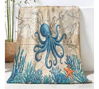 Générique Vintage Couverture Toutes Saisons à Pieuvre - Plaid Douillet Réversible et Couvre-lit en Peluche Bleu, Couverture Moelleuse pour Adultes et Enfants 200 x 220 cm
