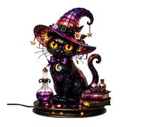 Generisch Lampe LED 2026 « Lampe de sorcière » en verre teinté et acrylique, figurine lumineuse de chat d'Halloween avec socle de livre magique, veilleuse pour H (violet foncé, 30)