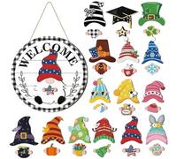 Generisch Panneau nain - 30 pièces - Panneau de bienvenue remplaçable - Kit de décoration de porte saisonnière magnétique en bois - Décoration murale à suspendre avec chapeaux amovibles