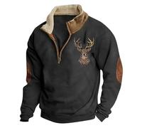 Generisch Pull d'hiver pour homme avec impression de cerf, sweat-shirt à manches longues avec boutons sur un quart, col montant, coupe ample, sweat-shirt de travail surdimensionné, O Noir., XXL
