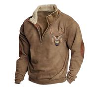 Generisch Pull d'hiver pour homme avec impression de cerf, sweat-shirt à manches longues avec boutons sur un quart, col montant, coupe ample, sweat-shirt de travail surdimensionné, P Kaki., XL