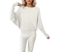 Generisch Pull en tricot surdimensionné pour femme avec manches chauve-souris et col rond - Manches longues - Coupe ample douce pour une mode d'hiver confortable, Blanc., L