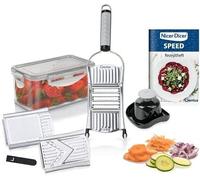 Genius Nicer Dicer Speed Set de 9 pièces avec mandoline multifonction - Coupe-légumes avec 3 inserts, support pour aliments à découper et bac de récupération 550 ml | râpe à parmesan