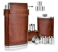 GENNISSY Flacon 304 en Acier Inoxydable 18/8 8oz - Cuir Marron avec 3 Tasses et Entonnoir 100% étanche