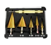 Genossen Forets Étagés, Lot de 6 forets étagés HSS - 5 forets coniques (4-12 mm, 3-13 mm, 4-20 mm, 4-32 mm, 5-35 mm) et 1 poinçon central automatique de 13 cm, foret conique avec revêtement en titane