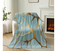 Géométrique Lignes Imprimée Flanelle Couverture 130 x 150 cm, Abstrait Luxe Confortable Réversible Plaid Polaire pour Toutes Les Saisons, Bleu Doré Ultra Douce et Légère Salon Couverture