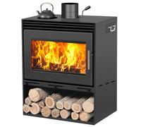 GERAZAHO Poêle à Bois à Haut Rendement Avec Four Latéral 80cm | Freestanding Wood Heater, Large Glass Window, Bottom Log Storage & Water Heating Hole, for Home, Cabin, Workshop