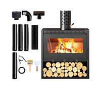 GERAZAHO Poêle à bois chauffant, double paroi en carbone épaisseur 6 mm | Indoor Smokeless Wood Stove, Triple Combustion Technology, with Viewing Window, Tea Brewing Spout, Firewood Cabinet