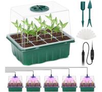 Germoir à plantes avec lampe LED plein spectre - 12 alvéoles - Lot de 5 - PP - Couvercle transparent - Minuterie 4/8/12/18 h