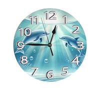 Geteruichi Horloge murale à quartz ronde silencieuse de 25,4 cm avec dauphins - Horloge du monde sous-marin - Horloge sans tic-tac pour la maison, la cuisine