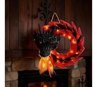 Gettimore Couronne d'Halloween en forme de tête de dragon à LED, à suspendre au mur, maille noire foncée pour guirlande de flammes avec corde de suspension - Décoration de fête effrayante - 45 x 40 cm