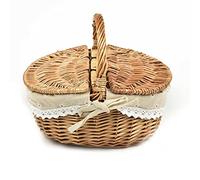 Gettimore Panier de pique-nique en osier avec double couvercle et doublure amovible en coton tissé à la main pour nourriture, vin et camping en plein air, marron et blanc