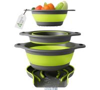 GEVOLI Passoires pliables (lot de 3) - Passoires alimentaires avec base auto-drainante pour évier, adaptées aux pâtes, fruits et légumes (3 L, 4 L, 5 L) - Vert/Gris
