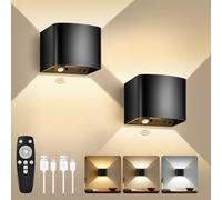 GeyouLux Applique Murale à Détecteur de Mouvement avec Télécommande, Angle du faisceau réglable, 3 Couleurs,Lumière Murale sans fil LED, Batterie Rechargeable 6000mAh, Chambres, Couloirs Noir 2 Pièces