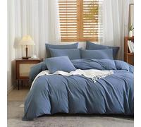 Gezu Housse de Couette 100% Coton 140x200 Bleu Demi-Lin Coton Lin Parure de Lit 140x200 Doux Respirant Douillet Linge de Lit 2 Personne avec Fermeture Éclair et Taies d'oreiller 65x65cm