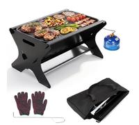 GFTIME Barbecue à gaz portable avec système d'emboîtement, fonctionne au gaz et au charbon de bois - Avec plaque de cuisson en fonte, sac de transport, barbecue à gaz mobile, parfait pour le camping