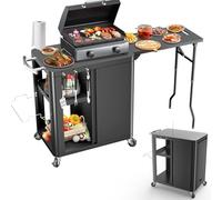 GFTIME Chariot de barbecue avec table d'appoint pliante, table de chariot de cuisine extérieure avec crochets, étagère de rangement et armoire, chariot de service roulant avec roulettes, cuisines