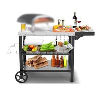 GFTIME Table de barbecue en acier inoxydable avec 3 étages, support de four à pizza, table de barbecue pour l'extérieur, chariot de travail avec 4 crochets, chariot de service extérieur, table