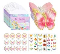 Ghope 12 Cartes d'Invitation Papillon en Français, Invitation Anniversaire Fille avec Enveloppes et Autocollants, 5 Tatouages de Papillons, Invitations de Fête d'anniversaire Soirée d’enfants Filles