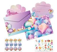 Ghope Invitation Anniversaire Fille, 12 Cartes d'Invitation Sirène Coquillage en Français avec Enveloppes et Autocollants, 5 Tatouages de Papillons, Invitation d'anniversaire enfant Fille