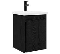 GHVBNMF Lavabo avec lavabo et robinet - Montage mural - Chêne noir | Ensemble de meubles de salle de bain compact avec lavabo en céramique et mitigeur noir pour un montage mural peu encombrant