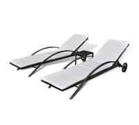 GHVBNMF Lot de 3 chaises longues en polyrotin avec table - Noir | Ensemble en rotin résistant aux intempéries pour jardin et terrasse avec dossier réglable, deux roues et coussins