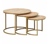 GHVBNMF Lot de 3 tables basses en bois massif de mangue, marron | Trio peu encombrant pour le salon et le salon avec structure en métal robuste et plateaux de table ronds en bois véritable.