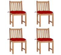 GHVBNMF Lot de 4 chaises de jardin en teck massif avec coussins rouges | Chaises de salle à manger stables en bois finement poncé avec coussins d'assise doux pour terrasse, balcon et véranda.
