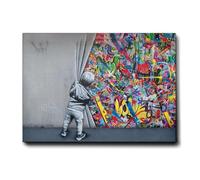 Giallobus - Impression sur toile - Banksy - L'enfant ouvre le rideau - Toile haute épaisseur qualité supérieure - 100x70 - Prêt à accrocher - Peintures pour la maison