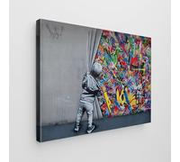 Giallobus - Impression sur toile - Banksy - - Toile standard - 70x50-04 - L'enfant ouvre le rideau - Tableaux modernes pour la maison